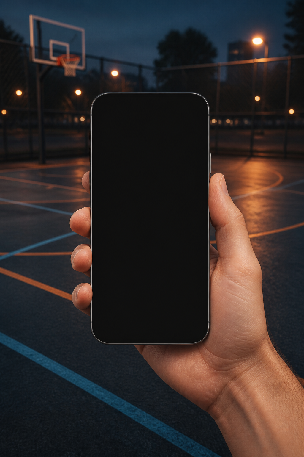 One hand holding the interactive Pick Up basketball app over an outdoor asphalt court