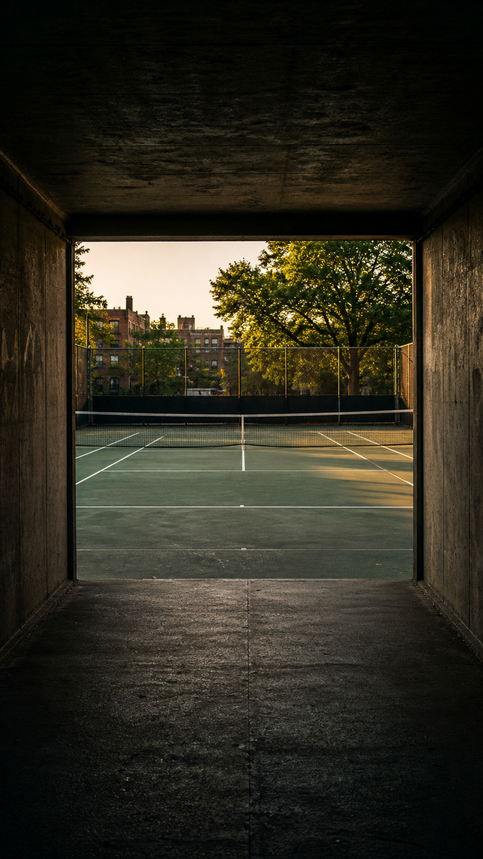 Tennis court under an open sky