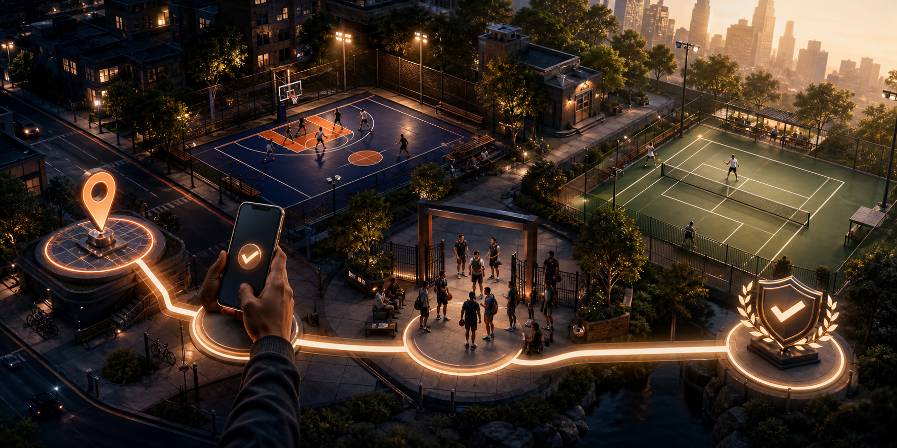 A connected Pick Up journey from finding a nearby court to organizing players and recording a completed game